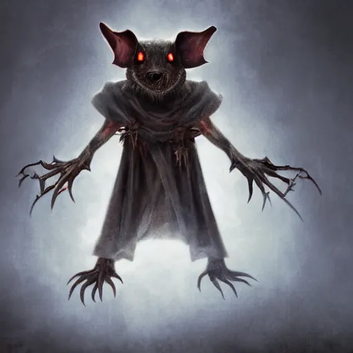 Image similar to photo of a ghostly rat with glowing red eyes, wearing tattered black burlap robes, floating in mist, clutching a blue flame in each hand, anthropomorphic rat, dark sorcerer, dark sorcery, black magick shaman, skaven, master splinter, nicodemus, photorealistic, artstation