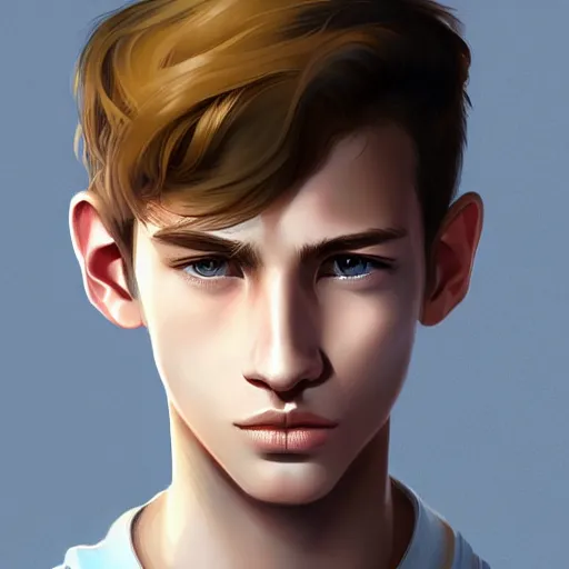 Image similar to colorful Captivating teenage boy with brown blond short quiff hair and thin slightly round facial structure with cleft chin, scruffy beard,bumpy nose, good definition of cheekbones, Alert brown eyes, narrow face, slim body, atmospheric lighting, painted, intricate, 4k, highly detailed by Charlie Bowater