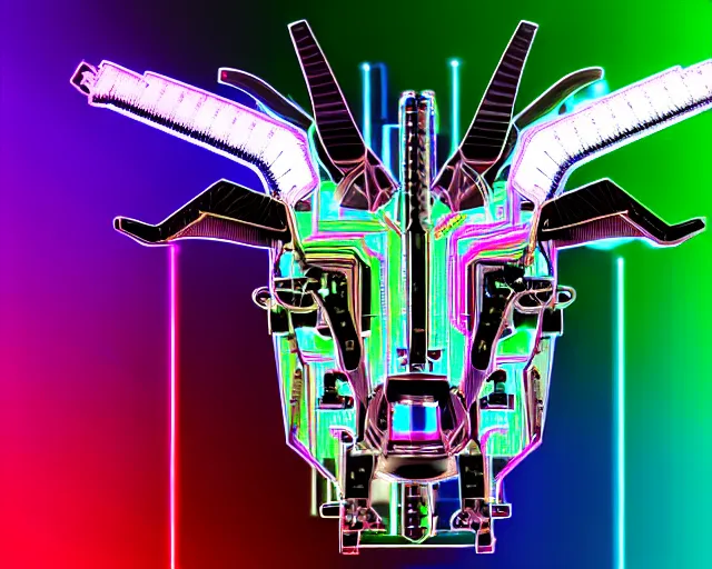 Image similar to cybernetic evil goat head merged with complex circuitry and machinery, multicolored