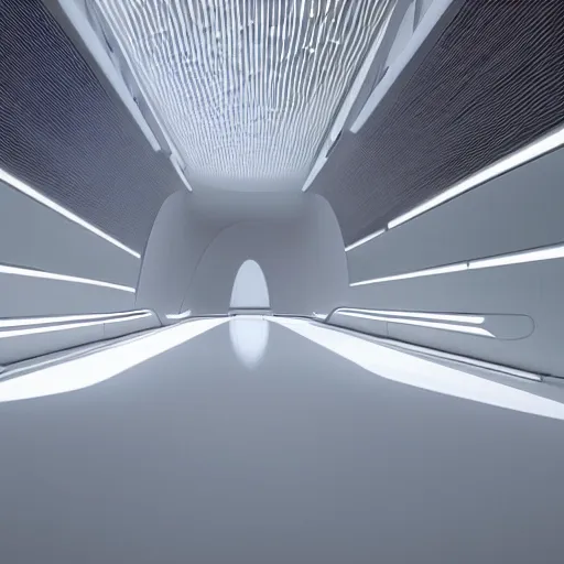 Prompt: white clean room design in the architecture and forms of zaha hadid, ultrarealistic volumetric lighting