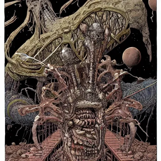 Image similar to an impossible nightmare beyond comprehension, very very detailed painting by geof darrow and greg rutowski and hr giger