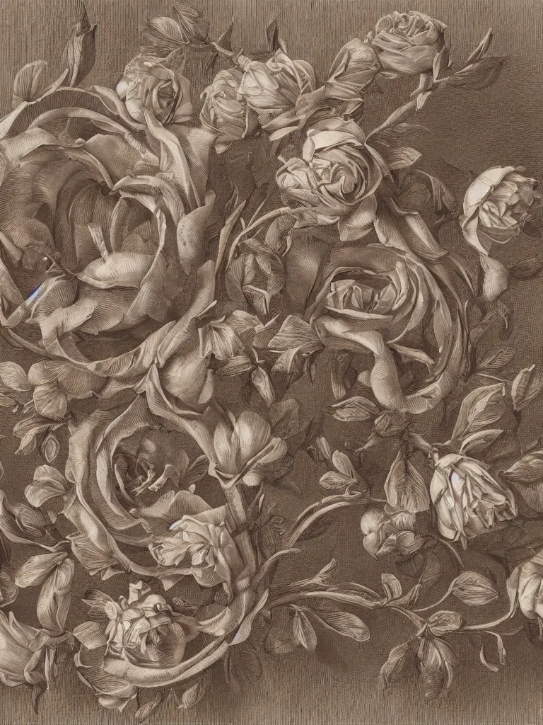 Prompt: beautiful decorative classical ornament fibonacci rhythms, roses, lilies, magnolias, rose petals, leaves, stems, highly detailed etching, rendered in octane