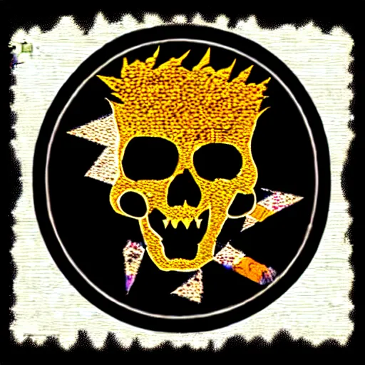 Image similar to painting on a badge!!!!, punks not dead!!!!, exploited!!, clash, junk yard, rats!!, god save the queen!!!, punk rock album cover art style, grunge, no future!!!!, glitch effect