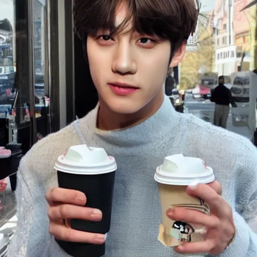 Prompt: V Kim Taehyung from BTS getting Starbucks, photorealistic, highly detailed