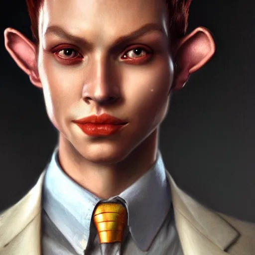 Prompt: portrait of a beautiful nonbinary model with tan skin and messy short red hair wearing a men's suit, elf ears and copper eyes, by Gerald Brom and Ross Tran, hyper-realistic, soft lighting, 4K, trending on artstation
