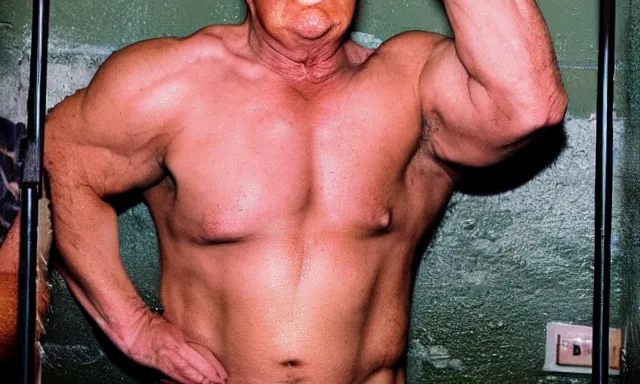 Prompt: full shot of donald trump in a dirty jail cell, body like ronnie coleman, in guantanamo, by ken loach