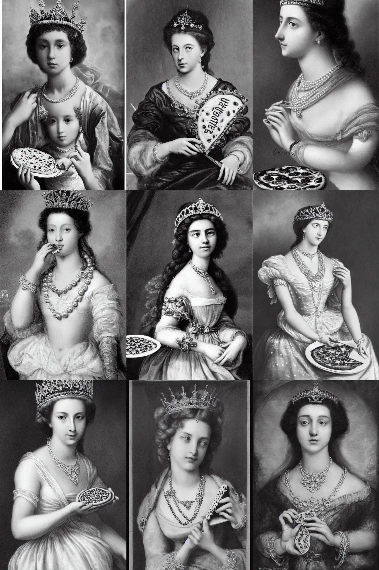 Prompt: a historical photo of young beautiful queen margherita of italy, eating a pizza margherita with her hands, intricate detailed tiara, pearl necklace, black and white photo, smooth lighting, masterpiece, perfect symmetry, by kim jung gi, irakli nadar