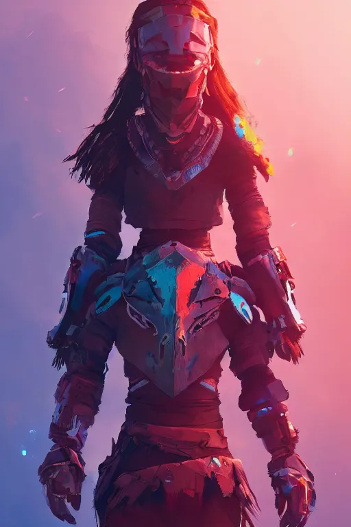 Image similar to combination suit armor aloy horizon forbidden west horizon zero dawn radiating a glowing aura global illumination ray tracing hdr fanart arstation by ian pesty and alena aenami artworks in 4 k tribal robot ninja mask helmet backpack