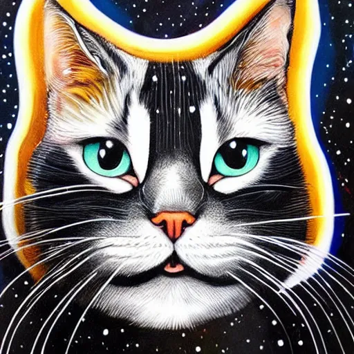 Image similar to a painting of a black and white cat in a cosmic scenic environment by sandra chevrier, hyperdetailed, beautiful, stars, planets, nebula, trending on artstation