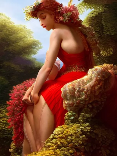 Image similar to venus, wearing a magnificent dress, sitting on a red divan. background full of spring nature. intricate, elegant, highly detailed, digital painting, artstation, concept art, sharp focus, illustration, by justin gerard and artgerm, 8 k