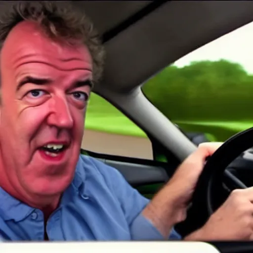 Image similar to Jeremy Clarkson driving and pressing car honk. Angry Jeremy Clarkson driving, honking. Jeremy Clarkson pressing honk while driving.