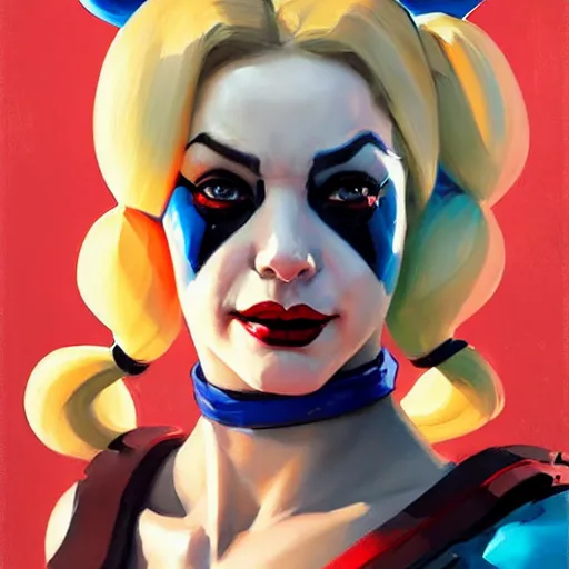 Image similar to Greg Manchess portrait painting of Harley Quinn as Overwatch character, medium shot, asymmetrical, profile picture, Organic Painting, sunny day, Matte Painting, bold shapes, hard edges, street art, trending on artstation, by Huang Guangjian and Gil Elvgren and Sachin Teng