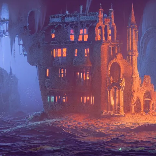 Image similar to a beautiful and ultradetailed concept art illustration of a ghostly manor ruins at the bottom of the ocean by rafal olbinski, bioware and paul lehr and dan mumford, sparth and raphael lacoste, concept art wallpaper 4 k, trending on artstation, concept art, cinematic, unreal engine, trending on behance