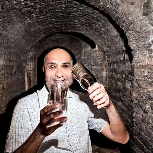 Prompt: duarte edwardo in his dark cellar reaching for his favourite aged champagne, sharp detailed face, hyper realistic, dslr photography, global illumination, radiant lighting, clear image, intricate environment