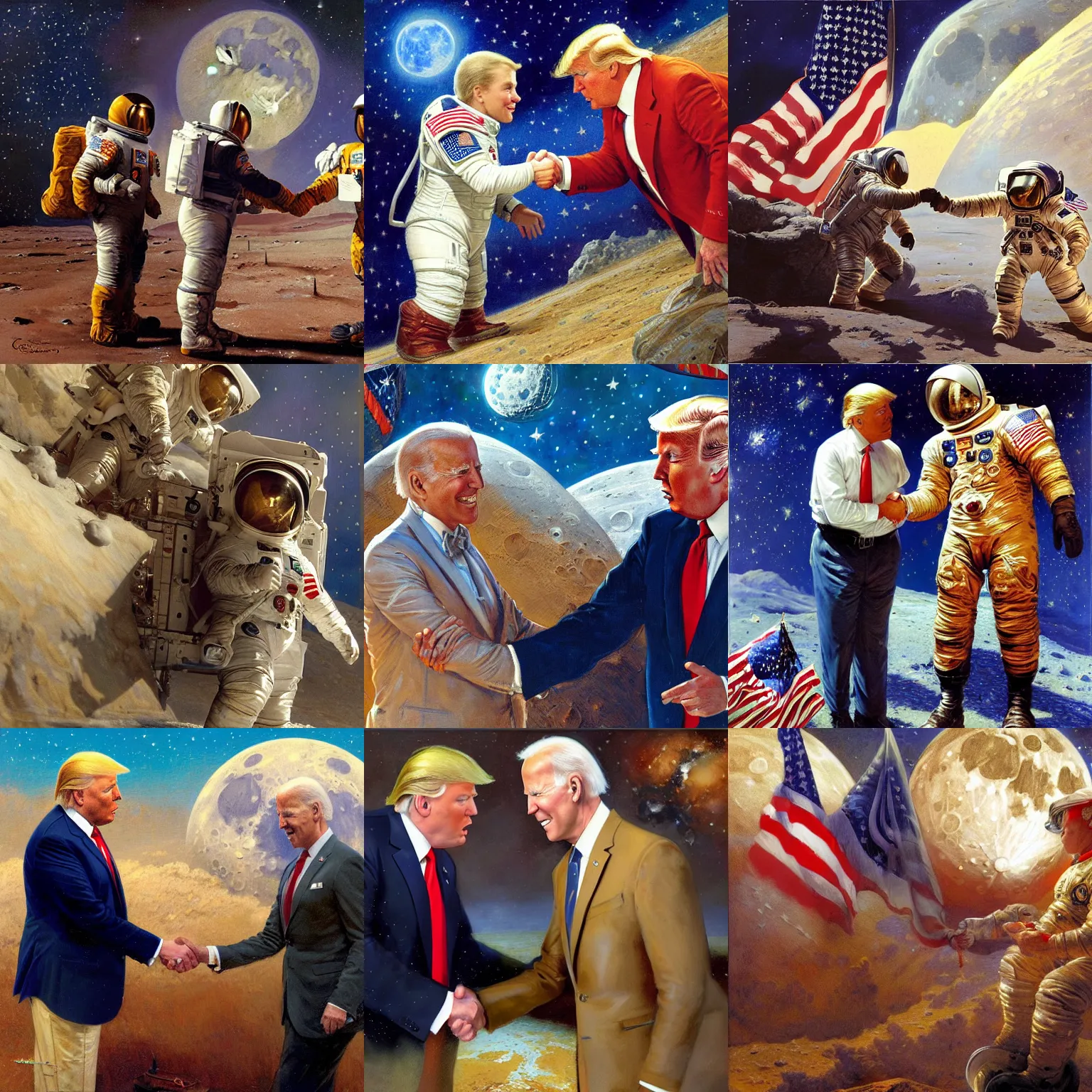Prompt: donald trump shaking hands with joe biden on the moon, highly detailed painting by gaston bussiere, craig mullins, j. c. leyendecker 8 k