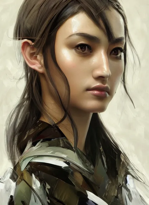 Prompt: a professional painting of a beautiful young female, wearing an origami kimono, olive skin, long dark hair, beautiful bone structure, symmetrical facial features, intricate, elegant, digital painting, concept art, smooth, sharp focus, illustration, from Metal Gear, by Ruan Jia and Mandy Jurgens and Artgerm and William-Adolphe Bouguerea