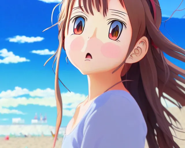 Image similar to anime fine details portrait of joyful girl at beach anime masterpiece by Studio Ghibli. 8k render, sharp high quality anime illustration in style of Ghibli, artstation