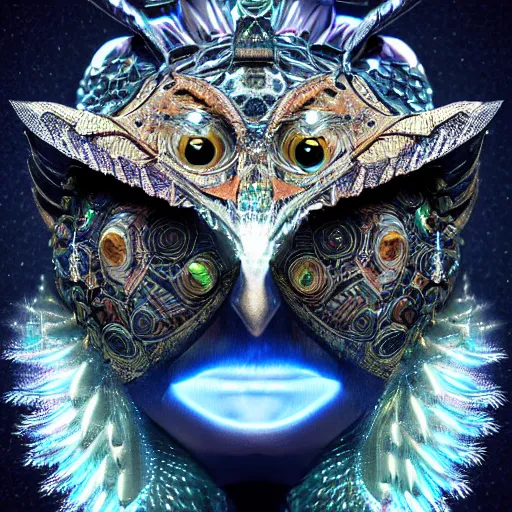 Image similar to detailed portrait of a alien magical owl, wearing a diamond crown, glowing feathers, halfway through, hyper detailed, stylistic, symmetrical, ethereal bohemian, detailed render, hdr, octane render