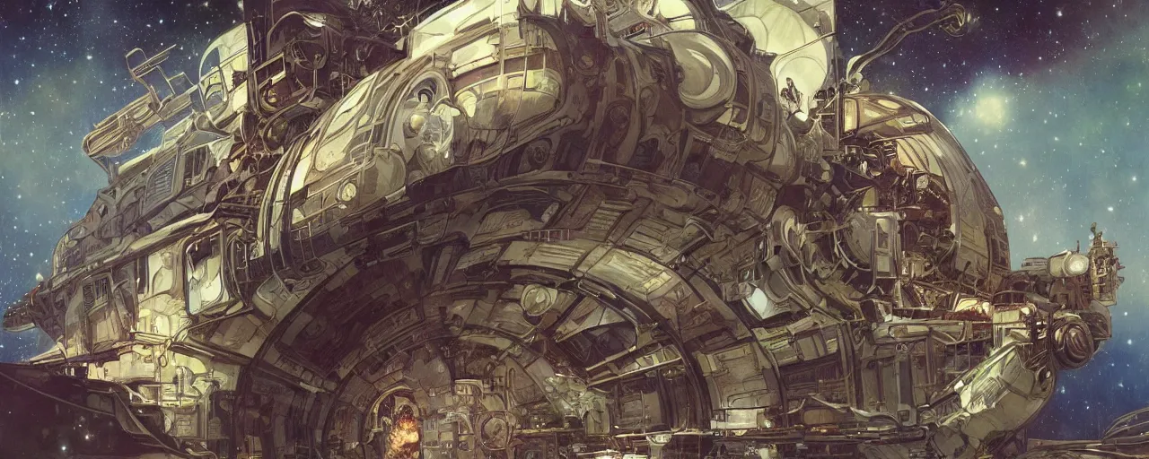 Image similar to A outside view of abandoned space station in the deep space, fantasy, intricate, elegant, highly detailed, digital painting, artstation, concept art, illustration, art by artgerm and alphonse mucha