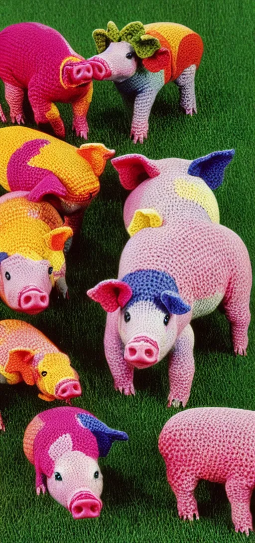 Prompt: multicolored crocheted pigs, 1 9 8 0 s catalogue photo