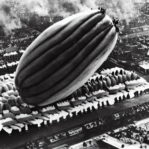 Image similar to footage of the Hindenburg, Hindenburg made of watermelon. Black and white photography