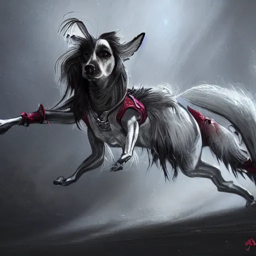 Image similar to Chinese crested powderpuff dog, armour, Anthropomorphized, casting epic spell, magic the gathering artwork, D&D, fantasy, cinematic lighting, centered, symmetrical, highly detailed, digital painting, artstation, concept art, smooth, sharp focus, illustration, volumetric lighting, epic Composition, 8k, art by Akihiko Yoshida and Greg Rutkowski and Craig Mullins, heroic pose, oil painting, cgsociety, magic lab background