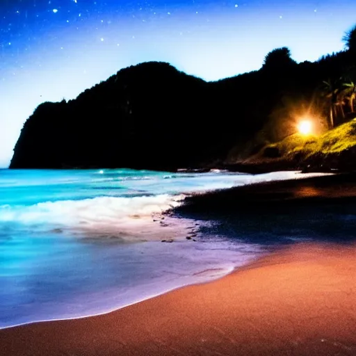 Image similar to calm peaceful beach at night, dark sky lit up with stars, alone, nighttime, waves, shore, sand