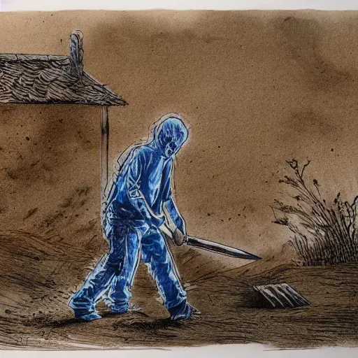 Image similar to a man with a shovel standing digging up a grave with a dead body in it, subtle blue, orange, and dark green tones, high quality, high detail, dark colors, sinister atmosphere, dramatic lighting, cinematic, establishing shot, extremely high detail, photo realistic, cinematic lighting, pen and ink, intricate line drawings, by Yoshitaka Amano, Ruan Jia, Kentaro Miura, Artgerm, post processed, concept art, artstation, matte painting, style by eddie mendoza, raphael lacoste, alex ross