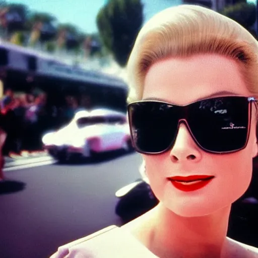 Image similar to selfie smartphone photo of a young Grace Kelly at the Monaco Gran Prix, F1 cars blurred in background, iphone photo, smartphone resolution, trending on instagram, influencer photography