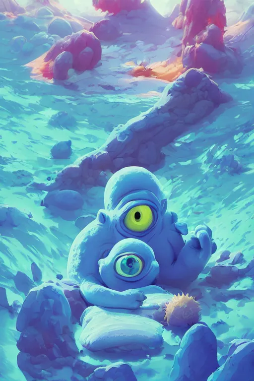 Image similar to smurf ghost creature animal sushi cristal very big eye roots cactus elemental flush of force nature micro world fluo fishscale, behance hd by jesper ejsing, by rhads, makoto shinkai and lois van baarle, ilya kuvshinov, rossdraws radiating a glowing aura global illumination ray tracing hdr