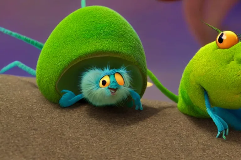 Image similar to disney pixar's a bug's life, cgi caterpillar colorful, furry caterpillar