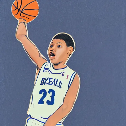 Image similar to Colored pencil portrait of a boy at a basketball court playing basketball wearing a basketball uniform in a basketball court, intense emotion, detailed facial expression, detailed surroundings, intricate, elegant, highly detailed, centered, trending of artstation, concept art, smooth, sharp focus, illustration