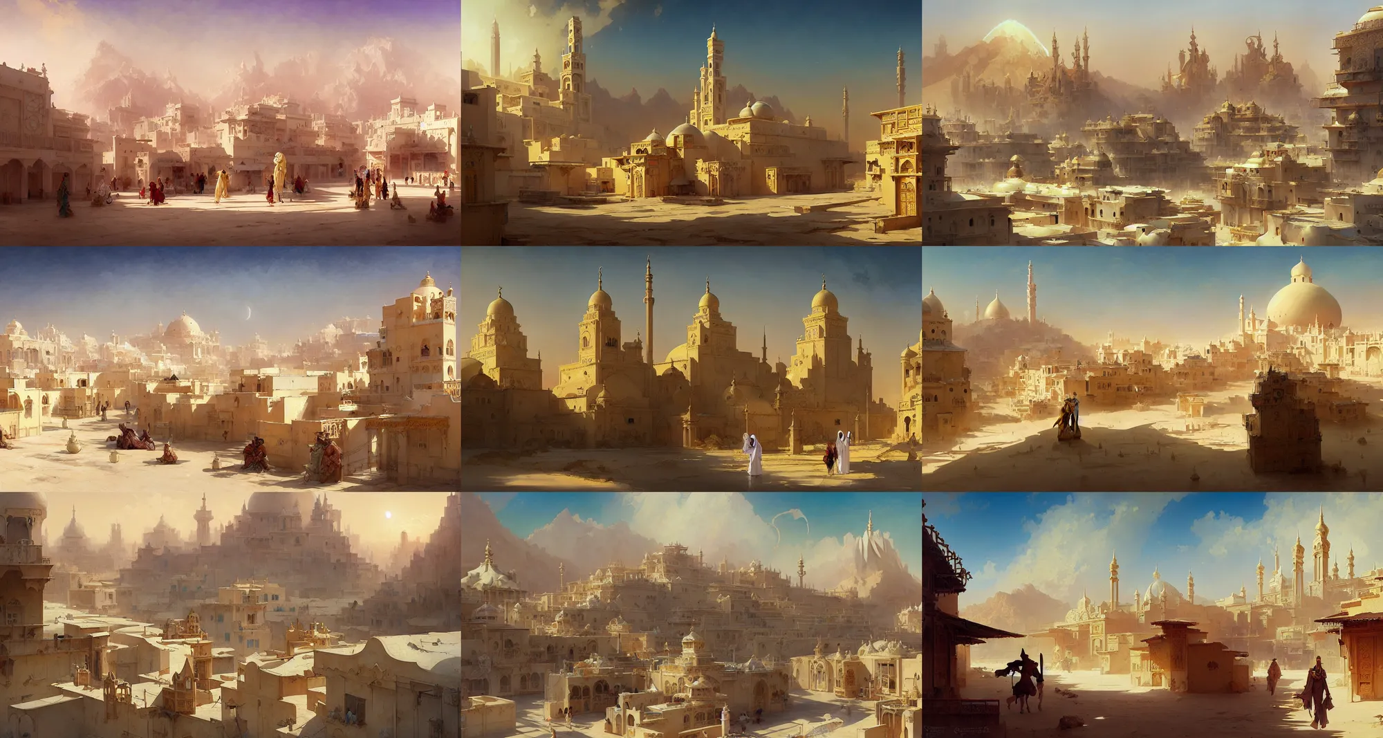 Prompt: town in desert, white buildings with golden roofs, islamic architecture, fantasy, art by joseph leyendecker, peter mohrbacher, ivan aivazovsky, ruan jia, reza afshar, marc simonetti, alphonse mucha