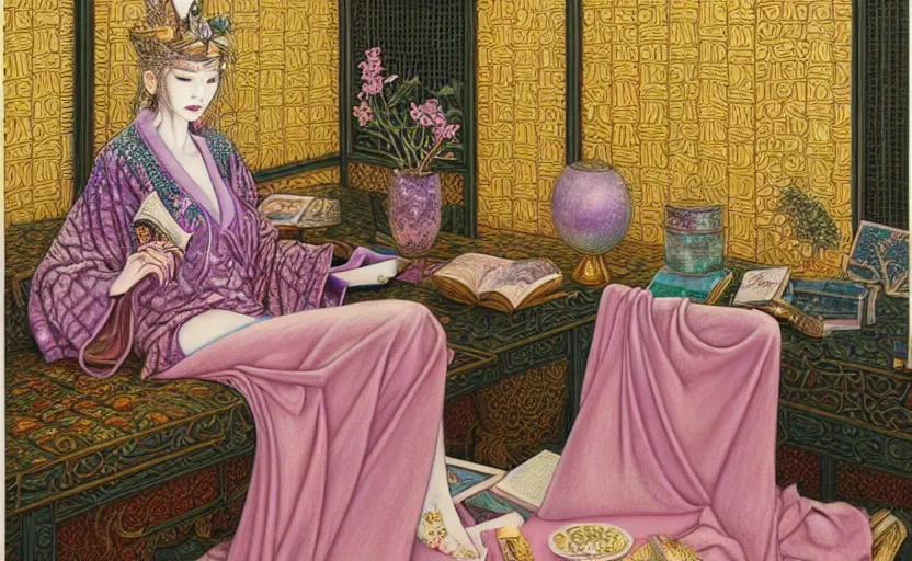 Image similar to a pastel drawing of a female wizard, ornate clothing, lounging on a purpur pillow on the marbled checkered floor in his study room reading an ancient tome. to the side is a potted plant, moody candlelit raytracing. ancient scifi fantasy setting. detailed face, sharp focus. by chie yoshii and mati klarwein