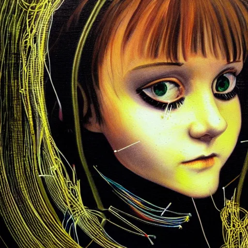 Image similar to beautiful pure evil lain with hundreds of wires coming out of her head, she is in pure bliss, portrait, painting