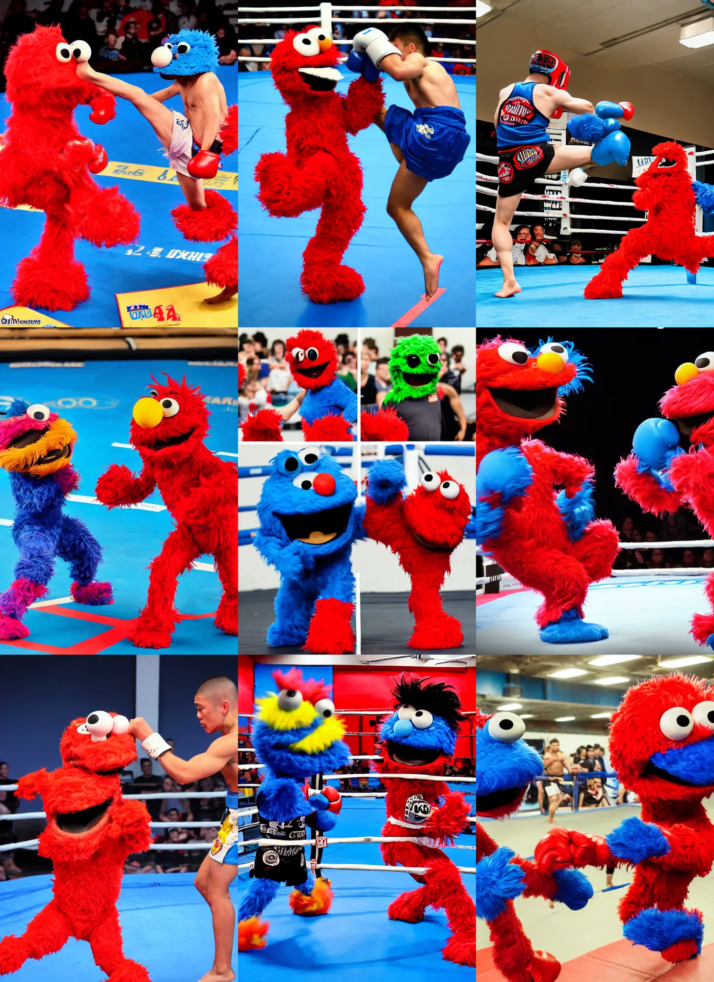 Prompt: elmo and cookie monster muay thai boxing match high kick