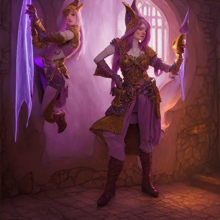 Prompt: d & d bard with her lilac leather armor in an inn, volumetric lighting, fantasy, intricate, elegant, highly detailed, lifelike, photorealistic, digital painting, artstation, fox ears illustration, concept art, sharp focus, by john collier and albert aublet and krenz cushart and artem demura and alphonse mucha