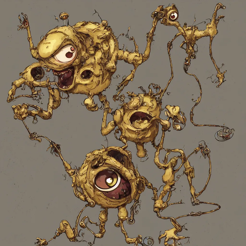 Image similar to , grotesque despair cute monster smooth paneling, one large gold eye intricate detail, style of pokemon, with damaged rusty arms, broken antenna, recycled, floating, white studio, oil, mechanical, toy, ambient light, in the style of pixar animation, pokedstudios, blender, octane render, 8 k, gediminas pranckevicius