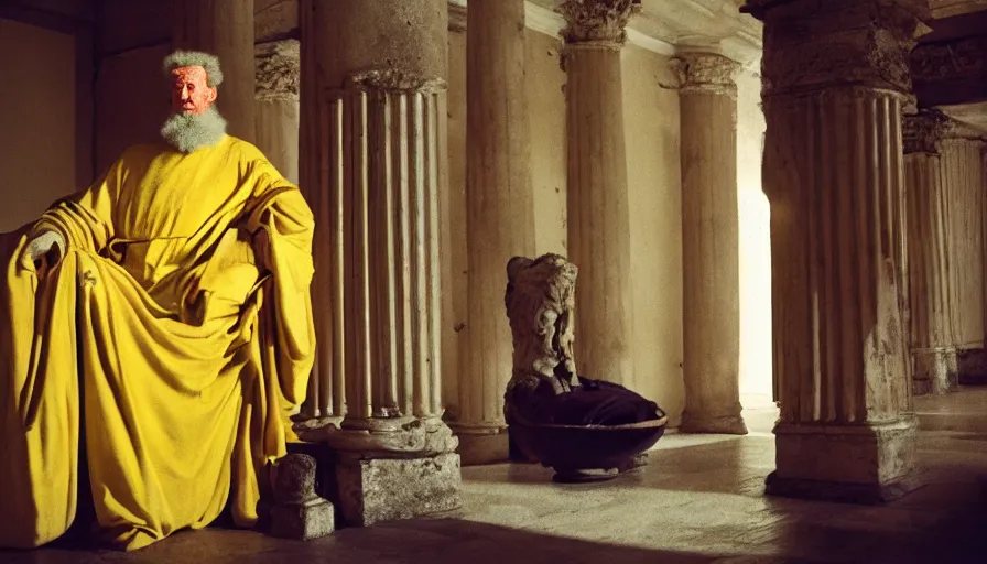 Prompt: movie still of emperor marcus aurelius, plague - infested his bed with yellow drapery in a ancient room with columns next to the ocean, cinestill 8 0 0 t 3 5 mm, high quality, heavy grain, high detail, cinematic composition, dramatic light, anamorphic, hyperrealistic