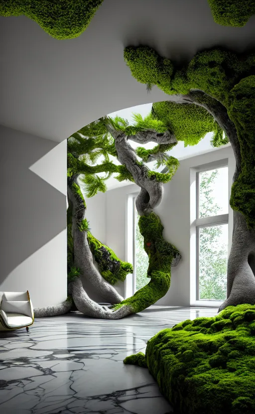 Prompt: highly detailed ultra sharp villa natural light interior soft cinematic cellular composition of a smooth ceramic porcelain biomorphic magnolia stone nebula fluid sci - fi surreal architecture landscape, furniture, granite, trees, marble, moss, lichen, fungi, vincent callebaut composition, mamou - mani, archviz, 8 k, unreal engine, hdr