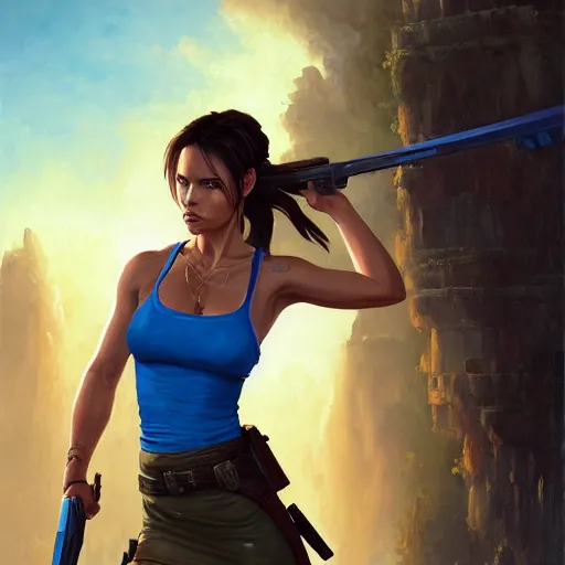 Image similar to Portrait Lara Croft wearing a blue skater dress, Tomb Raider, Alicia Vikander, beautiful, 4k oil on linen by wlop, artgerm, andrei riabovitchev, nuri iyem, james gurney, james jean, greg rutkowski, highly detailed, soft lighting 8k resolution