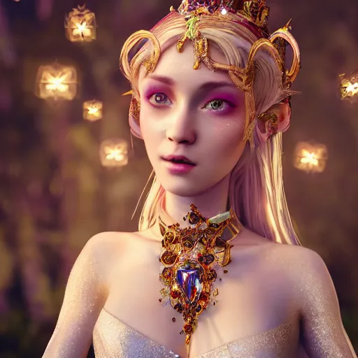 Image similar to portrait of fairy princess, glowing, ornate and intricate jewelry, jaw dropping beauty, glowing background lighting, white accent lighting, hyper detailed, fairy tale, 4 k octane render