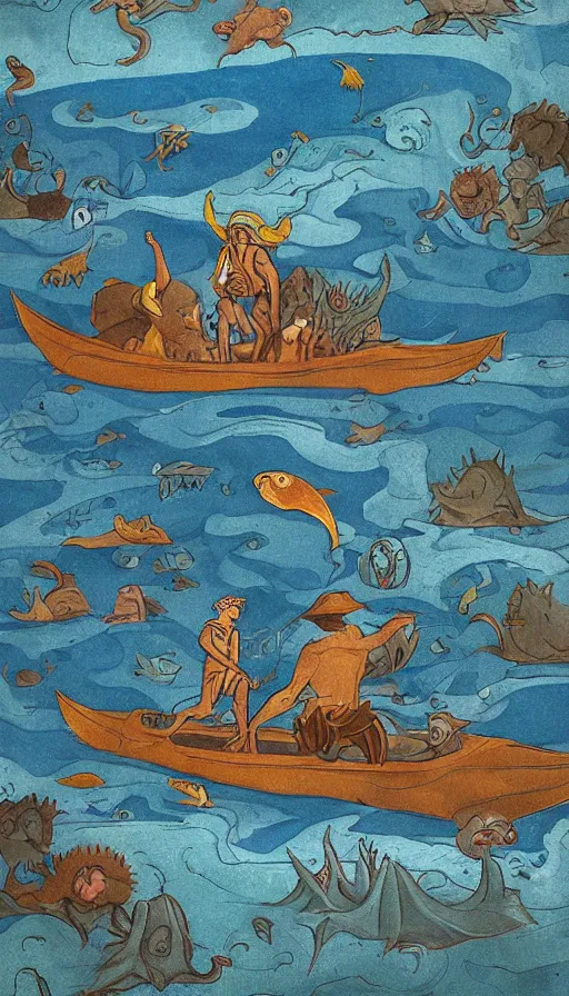 Image similar to man on boat crossing a body of water in hell with creatures in the water, sea of souls, by studio 4 c