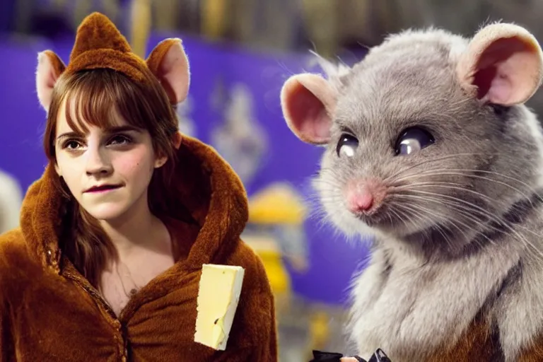 Image similar to photo, emma watson as antropomorphic furry - rat, tinky winky, eats cheese, highly detailed, intricate details