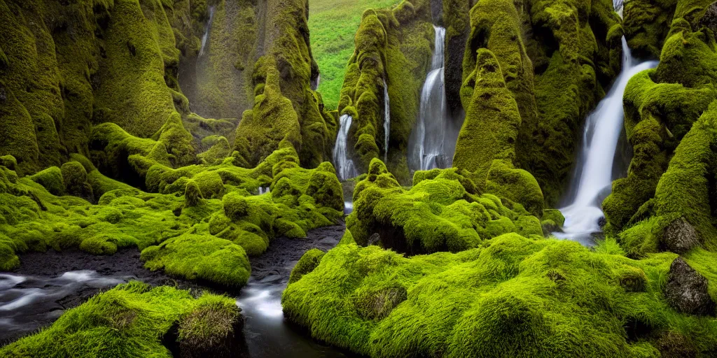 Prompt: photo of a landscape with lush forest, wallpaper, very very wide shot, iceland, new zeeland, green flush moss, national geographic, award landscape photography, professional landscape photography, waterfall, stream of water, hanging flowers, big sharp rock, ancient forest, primordial, sunny, day time, beautiful