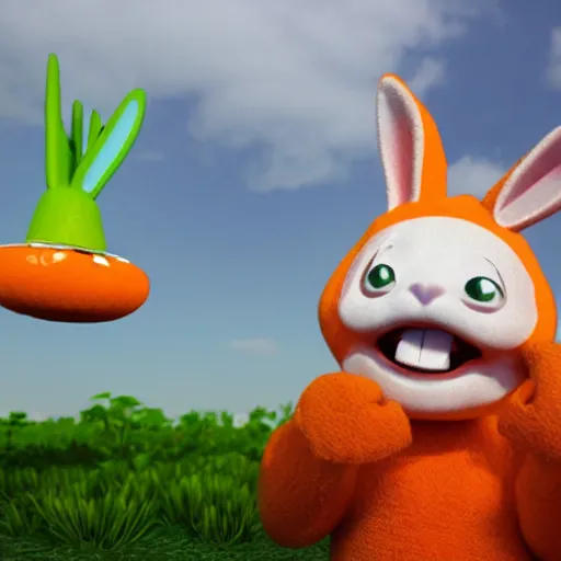 Image similar to silly anthropomorphic carrot eating a rabbit. hyper realistic 3 d intense lighting