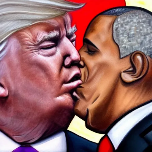 Prompt: oil painting of trump kissing obama, detailed, close up