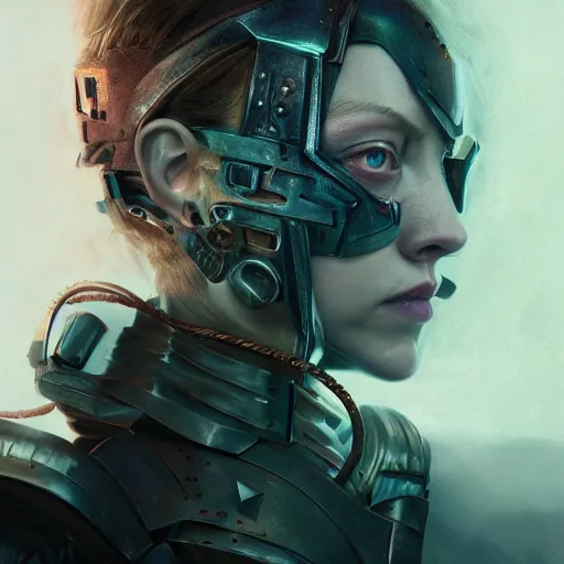 Image similar to amanda seyfried portrait, dystopia core, apocalyptic, armor, warrior, dramatic, sharp focus, fiction, neon, fantasy, hyper detailed, digital art, trending in artstation, cinematic lighting, studio quality, smooth render, unreal engine 5 rendered, octane rendered, art style and nixeu and wlop and krenz cushart