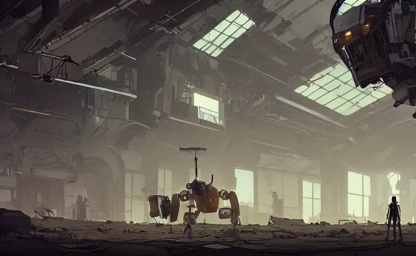 Image similar to a huge broken robot standing in a mess warehouse, crystal lights, sci - fi atmosphere, cel - shading, cinematic, artstation, studio ghibli, miyazaki, highly details