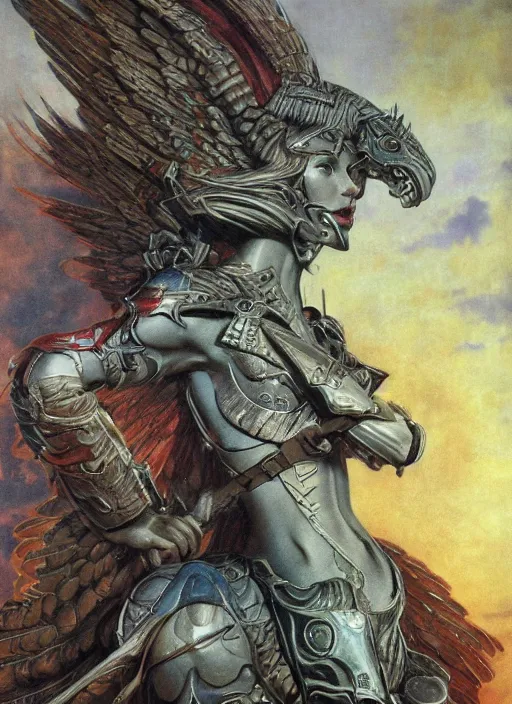 Image similar to biblical diabolical beautiful female valkyree android, on a pegasus, jump, heavy eyes to the side, closeup, bright glowing veins, in clouds, rain, sunset, portrait, by gerald brom, by mikhail vrubel, by peter elson, muted colors, extreme detail, reflections, trending on artstation, 8 k